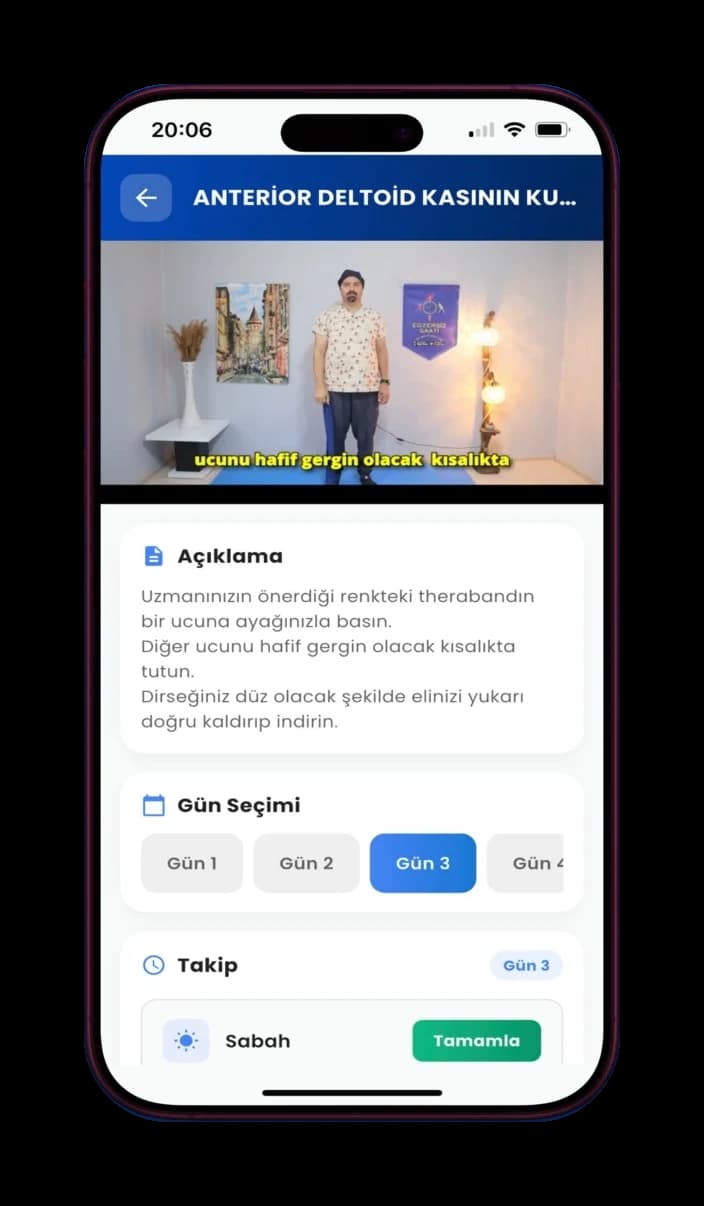 Egzersiz Saati uygulaması: videolu egzersiz anlatımı, gün seçimi ve takip ekranı
