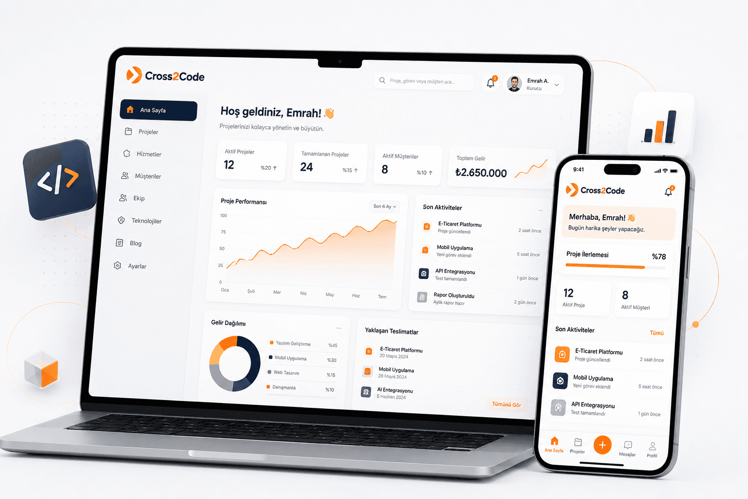 Cross2Code web ve mobil uygulama arayüzleri